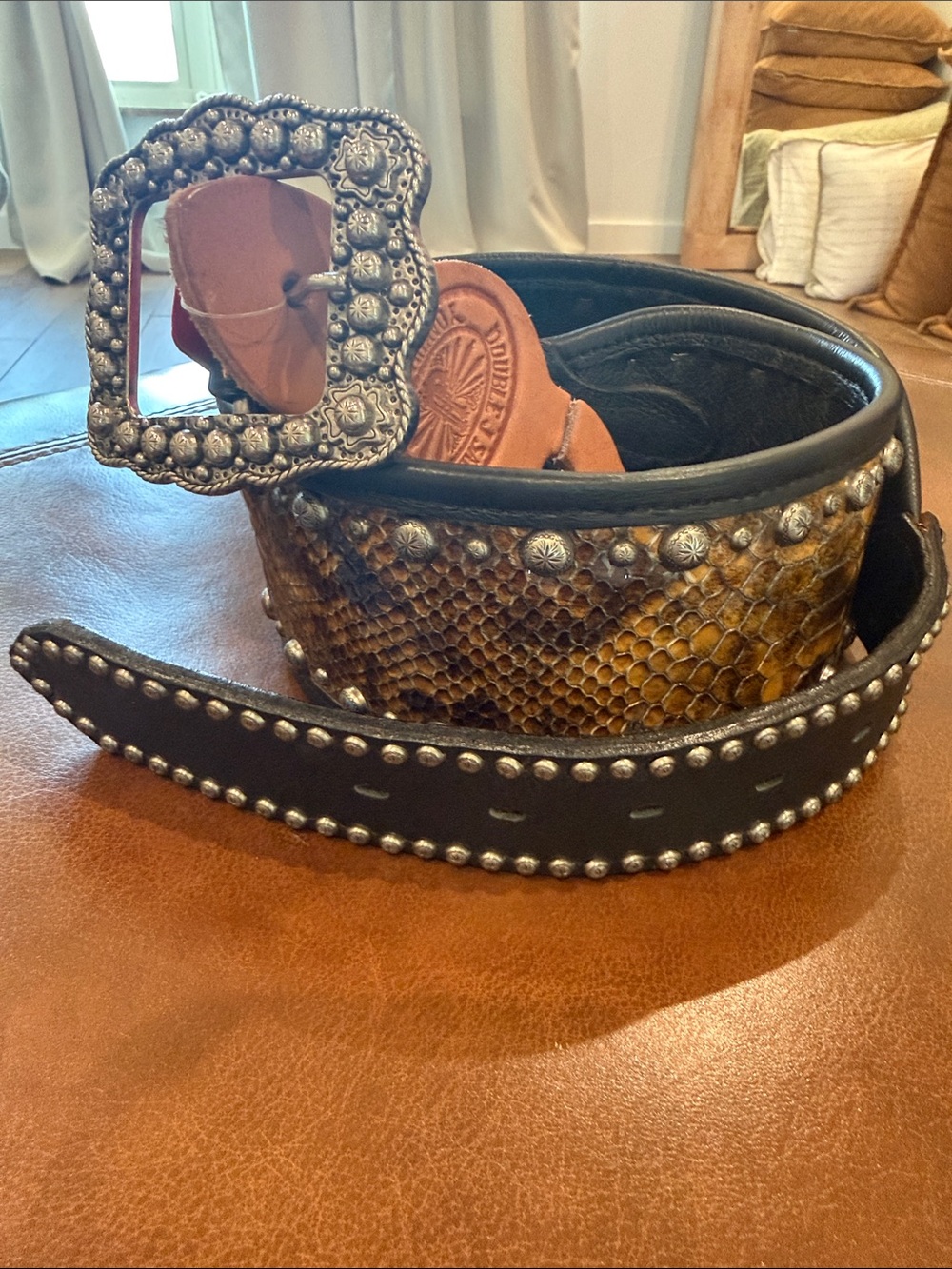 Double J Saddlery Studded Western Belt with Ornate Silver Buckle